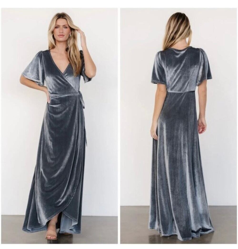 Baltic Born Katelyn Velvet Wrap Maxi Dress Dusty Blue Size XL Wedding Party NWT